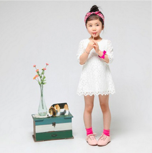 3/4 Sleeves White Lace Scallop Dress Girls Kids Toddler Children Infant Baby Clothes