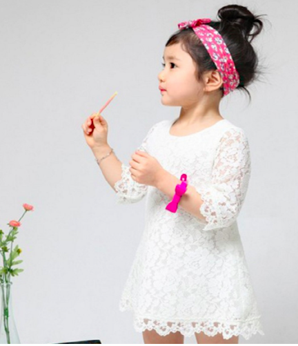 3/4 Sleeves White Lace Scallop Dress Girls Kids Toddler Children Infant Baby Clothes