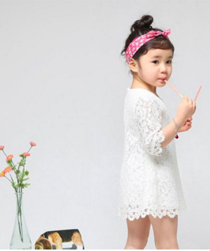 3/4 Sleeves White Lace Scallop Dress Girls Kids Toddler Children Infant Baby Clothes