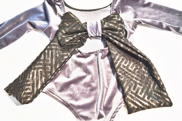 Slay Gray Velvet Bodysuit Top With Big Bow Detail